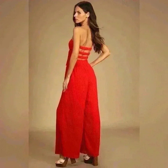 Spring Garden Red Strapless Wide-Leg Jumpsuit - Picture 4 of 6